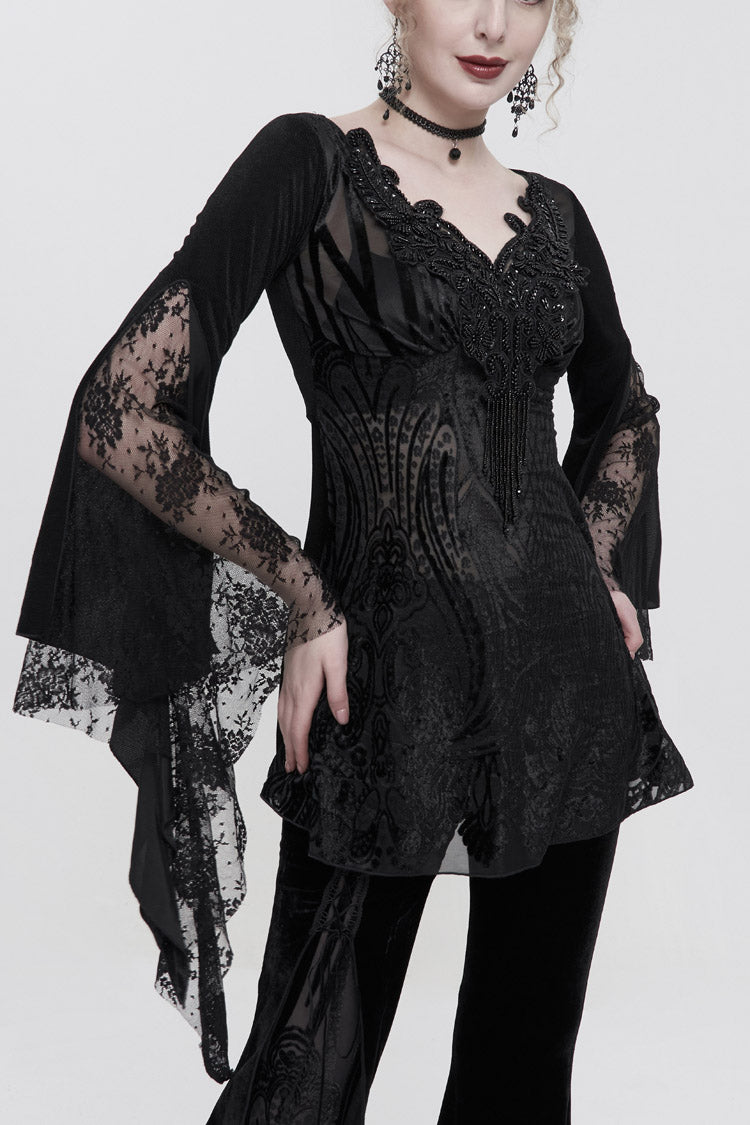 Beaded Lace Floral Gothic Tee with Flared Cuffs