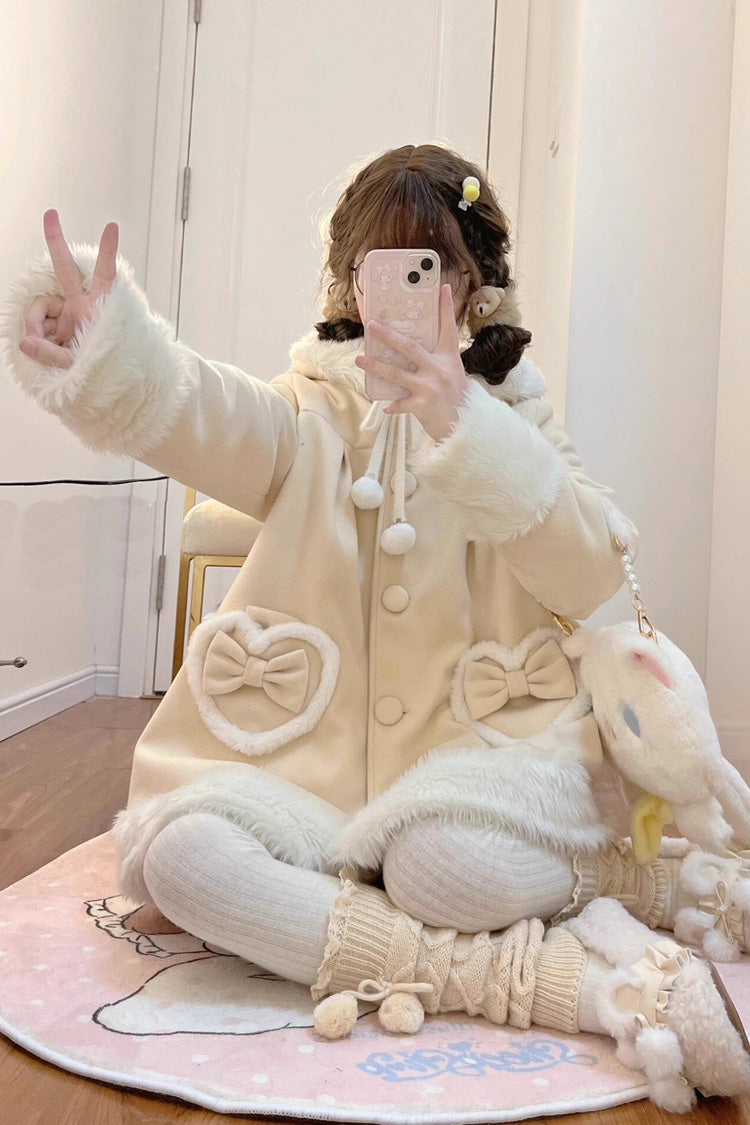 Rabbit Ears Single-Breasted Coat with Bowknot in Light Yellow