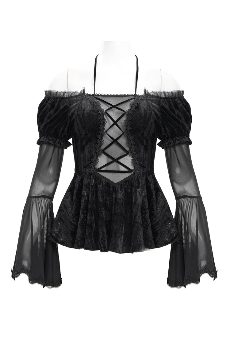 Sheer Black Hollow Lace-Up Mesh Long Sleeve Halter Gothic Blouse