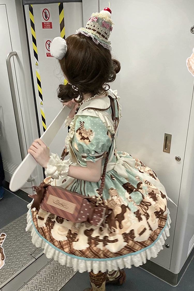 Brown Chocolate Cake Bear Print Ruffled Bow Lace-Up Sweet Dress - Peppermint Chocolate