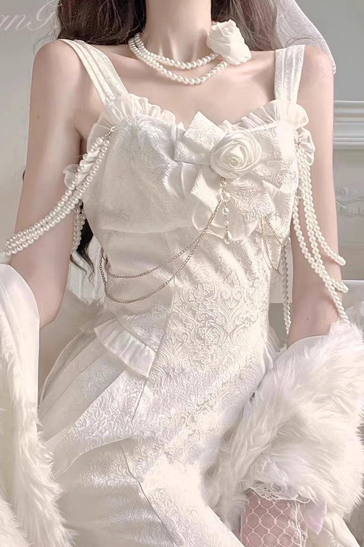 Camellia 1.0 White Sleeveless Jacquard Lace Sweet Fishtail JSK Dress