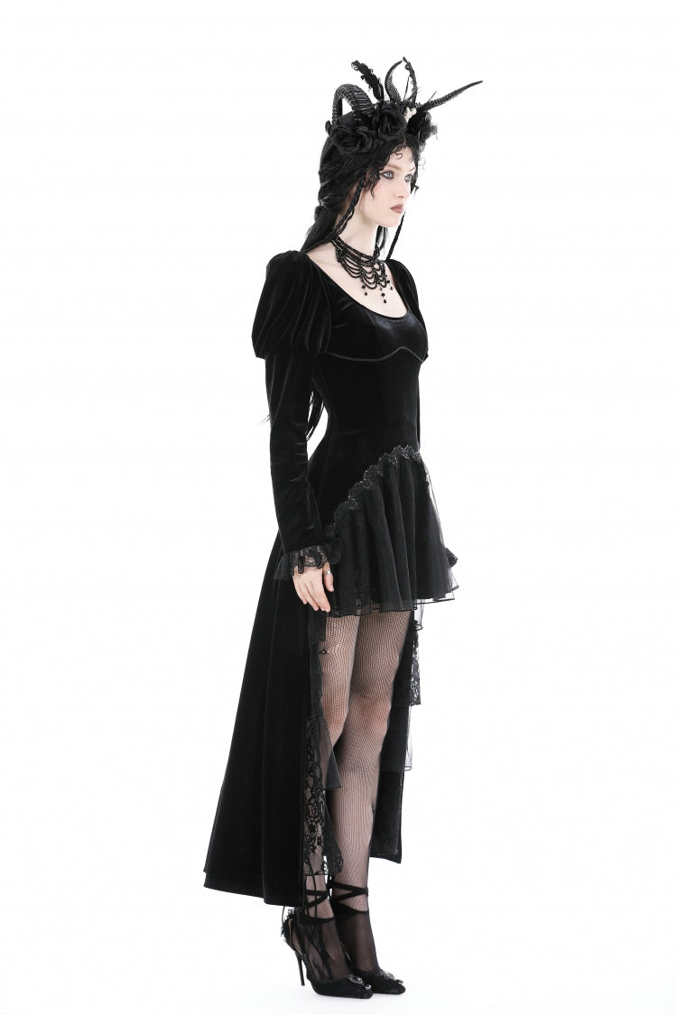 Ink Crewneck Long Puff-Sleeve Lace Hem High-Low Velvet Gothic Wedding Dress for Women
