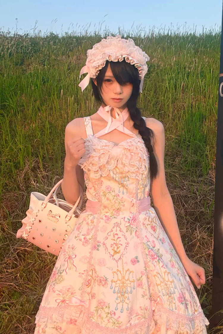 Ivory & Pink Sleeveless Floral Wall Print Lace Bow Sweet Lolita JSK Dress
