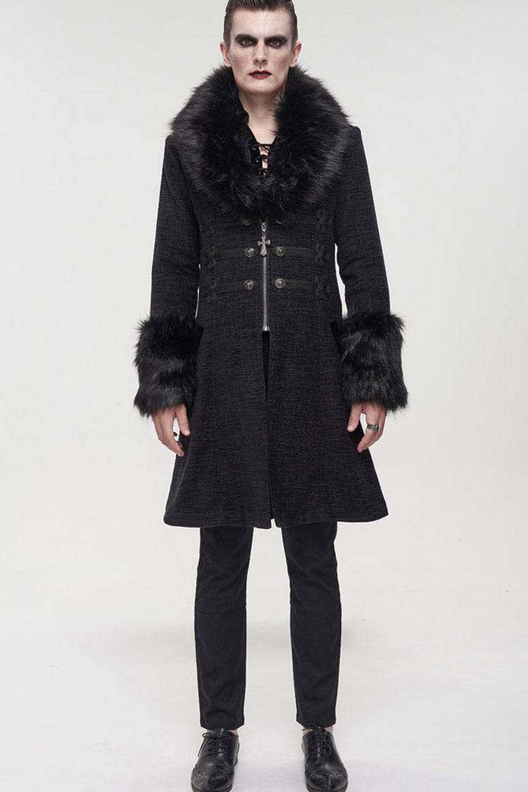 Gothic Men's Coat with Removable Fur Collar, Button Accents