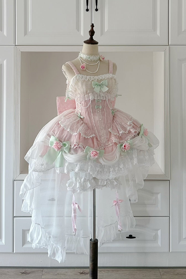 Sleeveless Ruffle Embroidery Bow Lace Pearl Sweet Lolita Jumper Dress - Pink