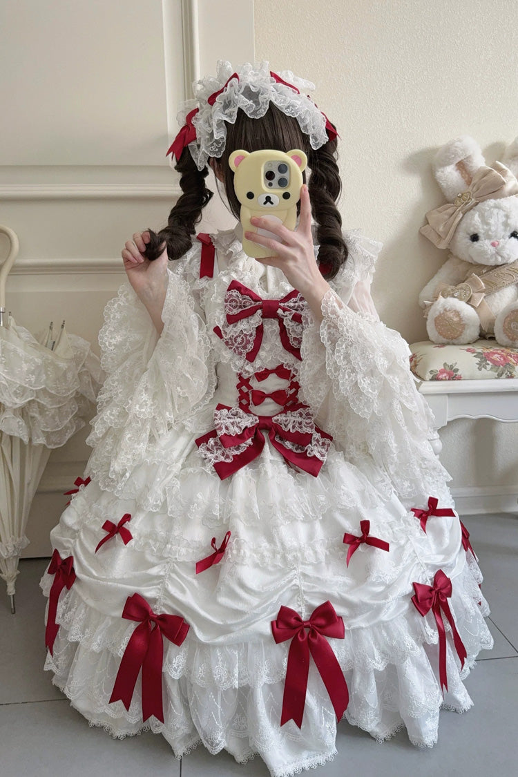 Ivory and Red Silk Gift Box Square Neck Sleeveless Layered Ruffled Bow Lace Sweet Lolita JSK