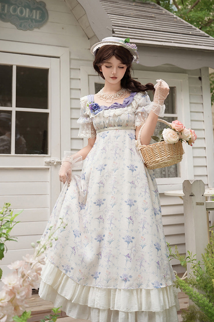 Ivory Purple Short Sleeve Double-Layered Ruffle Lace Bowknot Sweet Dress