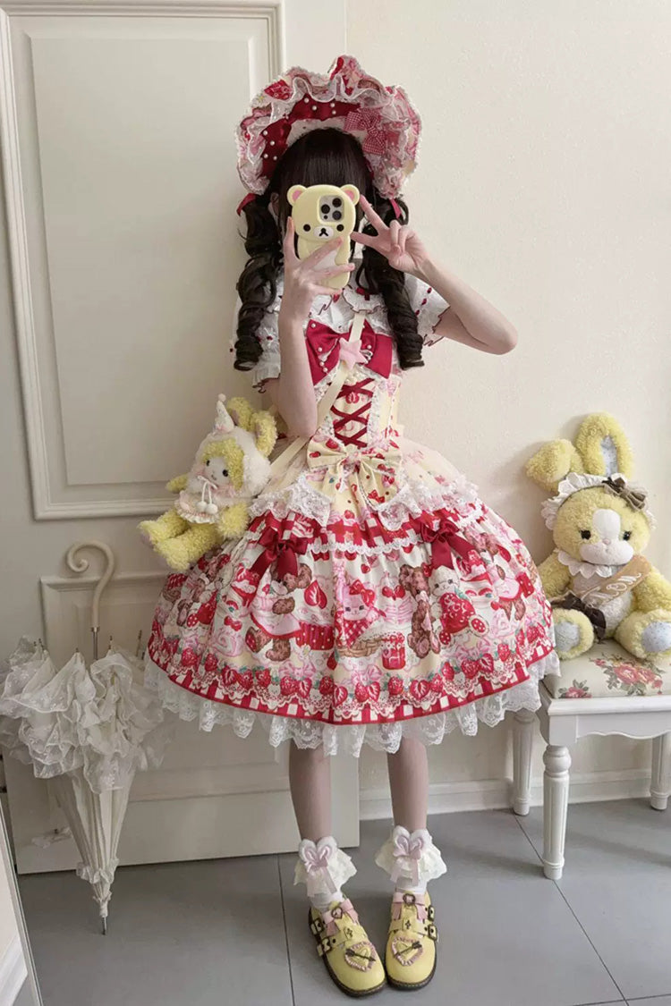Red/Yellow Sweet Lolita JSK Dress Printed Bow Lace Lace-Up - Sweet Berry Bunny Bear