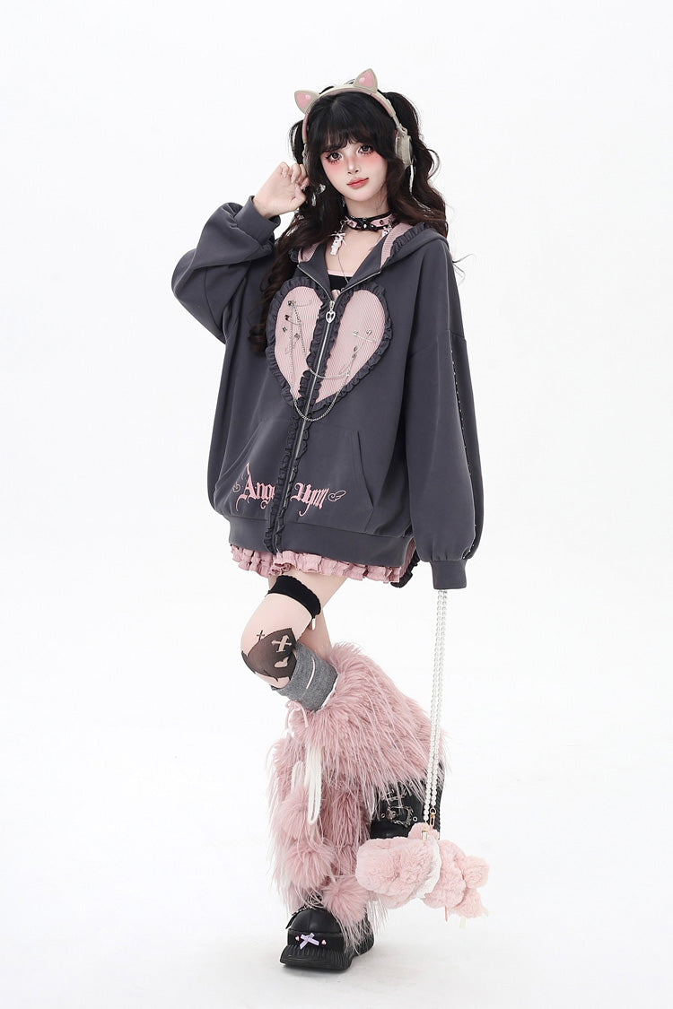 Heart Print Hooded Zipper Coat with Bunny Ears - Striped Bunny Ears