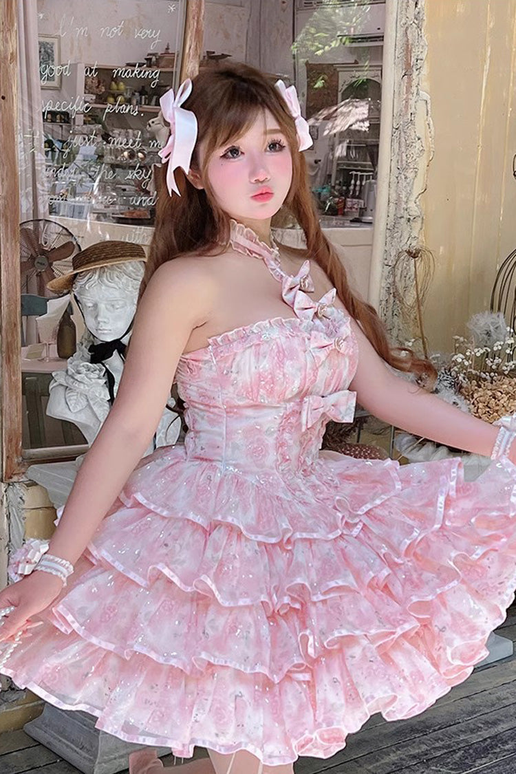 Pink Halterneck Sleeveless Multi Layer Bow Sweet Tiered Dress - Broken Silver Rose