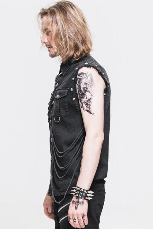 Sleeveless Punk Blouse with Frayed Hem for Men in Black