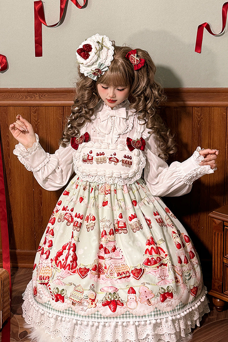 Mint Strawberry Dessert Printed High-Waisted Sweet Lolita JSK Dress - Ruffled