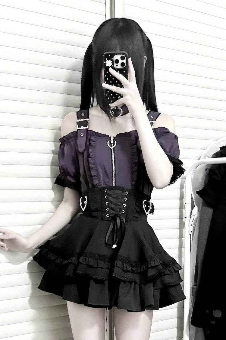 Stand Collar Sleeveless Ruffled Lace-Up Skirt and Blouse Set