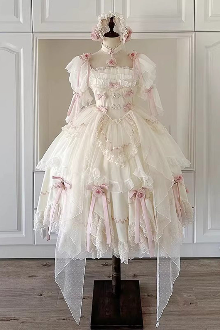 Ivory Mist and Tulle Square Collar Multi-Ruffle Bridal Bow Lace Princess Gown
