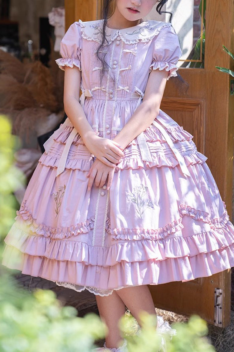 Pink Iris-Print Ruffled Dress with Short Sleeves and Embroidery