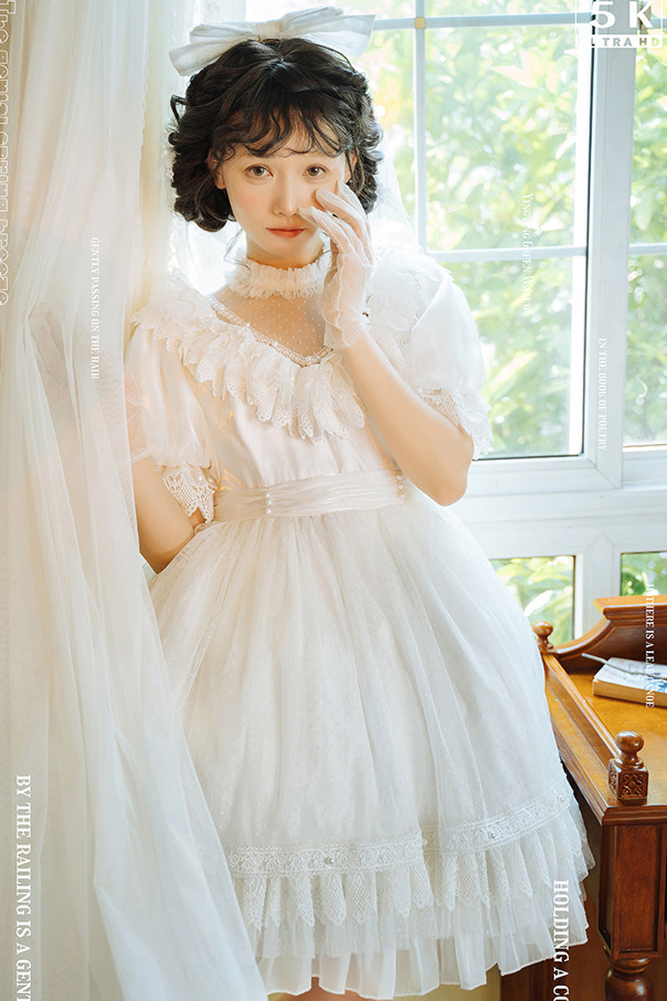 White Layered Ruffle Hanayome Hollow Bow Lace Vintage Gorgeous Lolita Dress