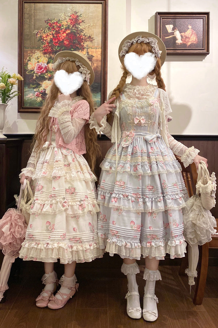 Multi-Layered Ruffled Bow Sweet JSK with Print - Strawberry Garden