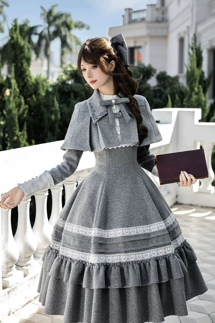 Classic Elegant Lolita Dress with Stand Collar and Ruffled Bow - Grey