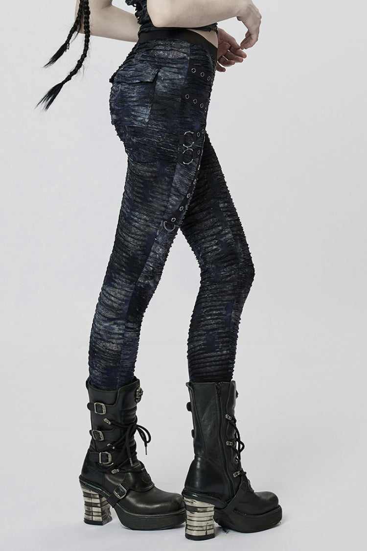 Slim Ripped Tie-Dyed Metal Loop Steampunk Leggings, Two Shades