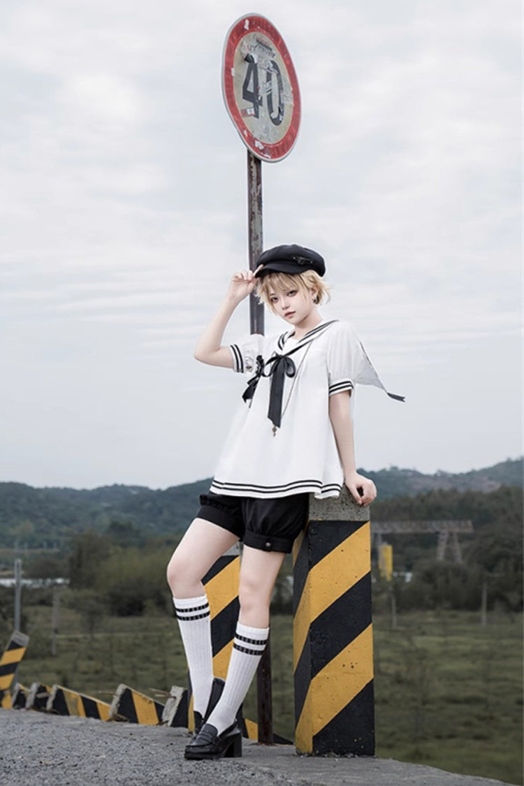 Old Stories Navy Collar Bow Ouji Gothic Lolita Blouse Shorts Set