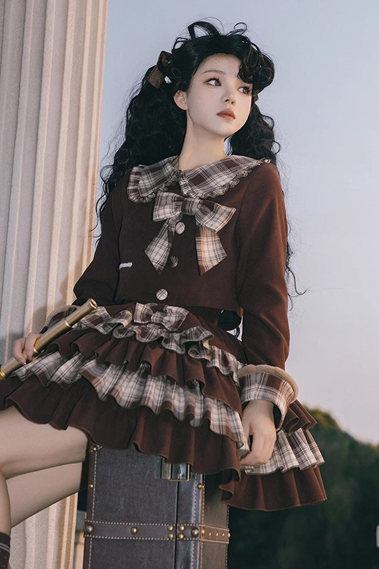 Chocolate Multi-Layer Bowknot College Autumn-Winter Princess Sweet Lolita Skirt Set