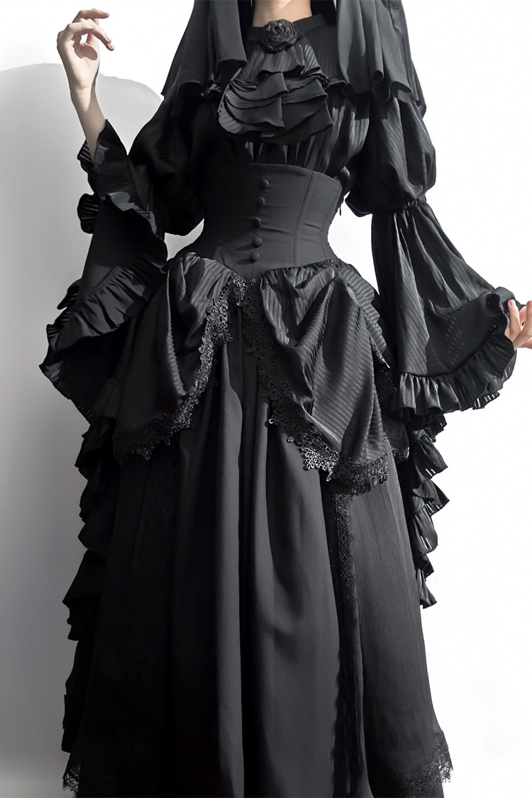 Black Sleepwalking Long Hime Sleeves Stitching Lace Plus Size Elegant Gothic Skirt Set