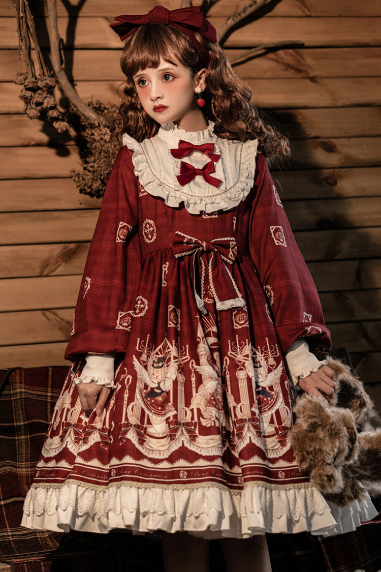 Hanayome OP Dress with Bear Print, Ruffles, and Lantern Sleeves