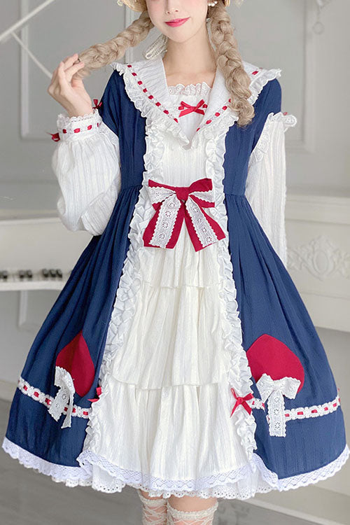 Cerulean and Ivory Round Collar Bow Long Sleeve Multi-Layer Ruffled Sweet Lolita OP Gown