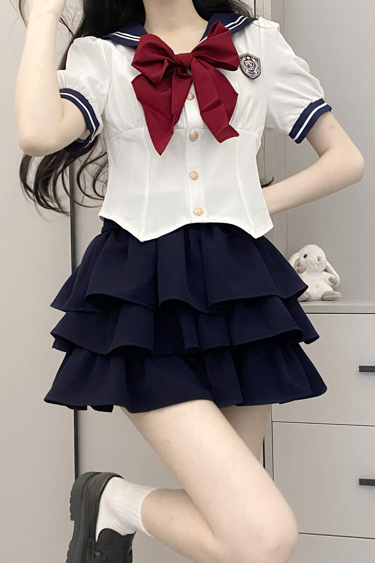 Sweet College Style Skirt Set with Ruffle Bowknot