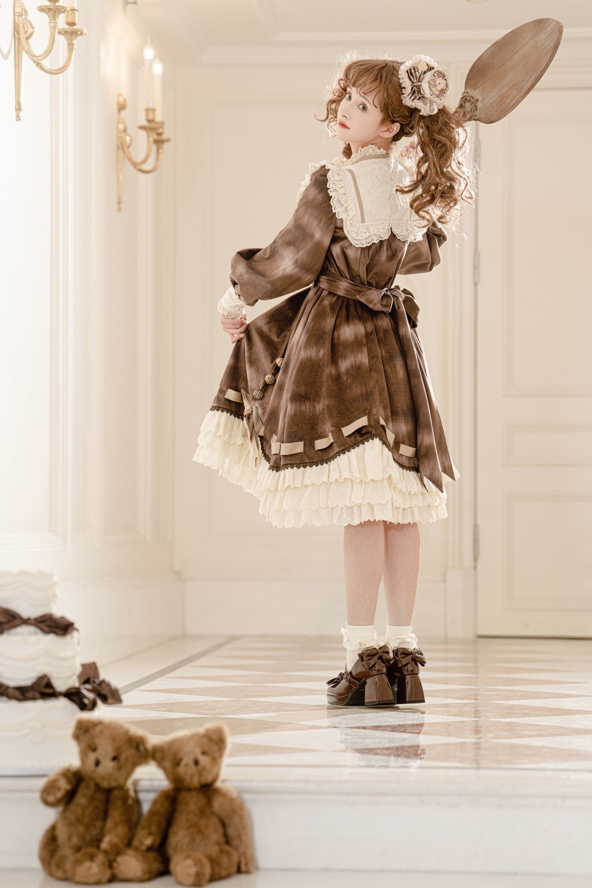 Chocolate Cat Print Long Sleeve Ruffle Bow Sweet Dress