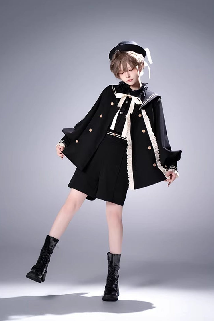 Navy-Collar Long-Sleeve Prince Ouji Short Coat Set in Black