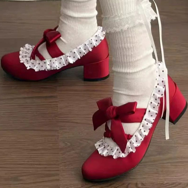 Satin Lace-Up Ruffled Heels for Classic Lolita - Two Colors