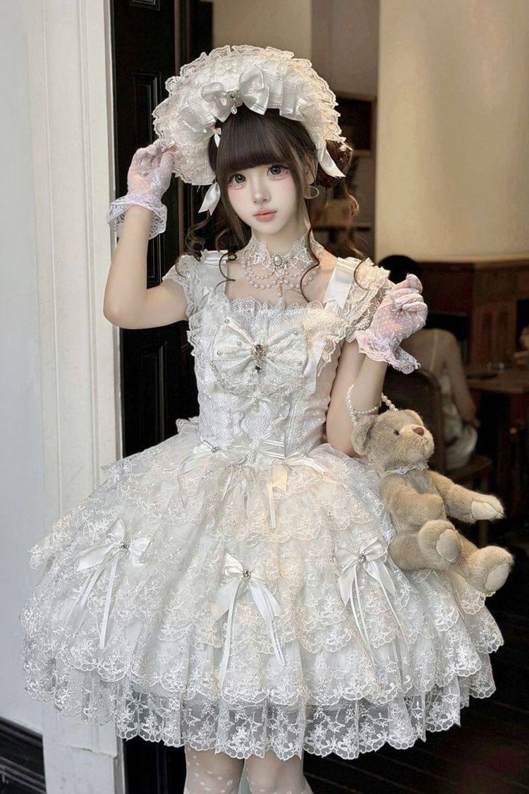 Ivory Square Collar Sleeveless Multi Bow Lace Pearl Gothic JSK