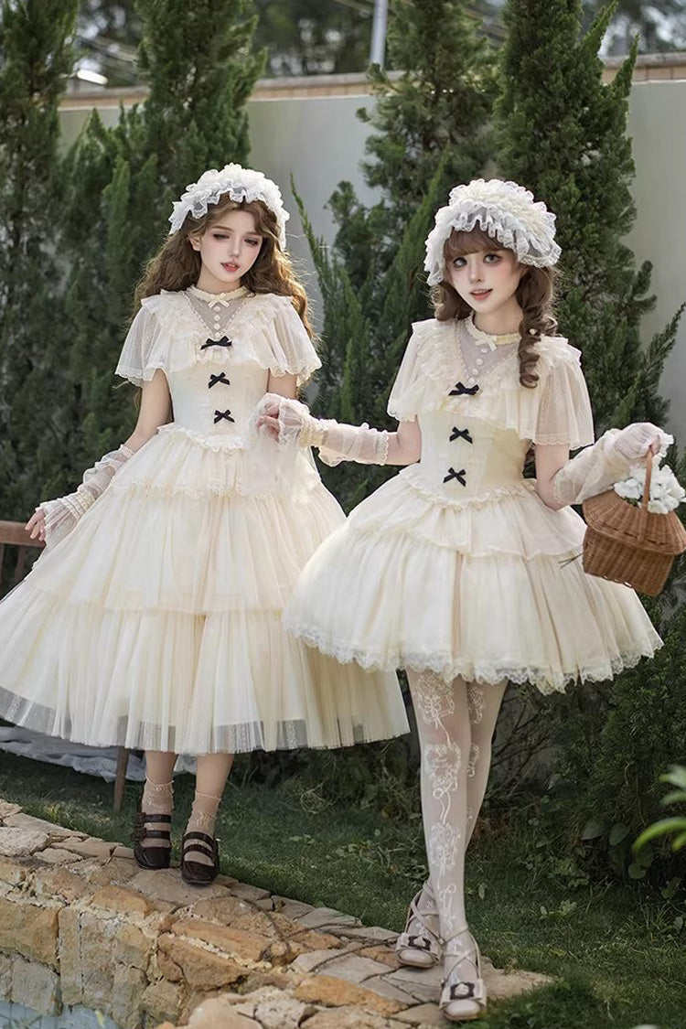 Elegant Sweet Lolita Dress with Edwardian Collar and Ruffled Bow - Ivory