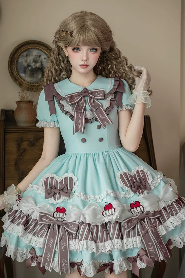 Cherry Mille-Feuille Lapel Collar Short Sleeve Printed Lace Sweet Dress