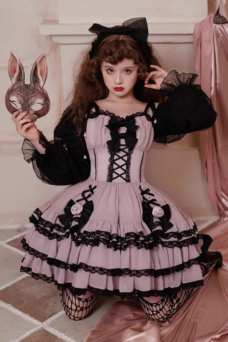 Purple Black Layered Ruffled Bow Sweet Lolita Long Sleeve Dress