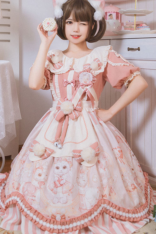 Cat Print Square Collar Ruffled Short Sleeve OP Dress