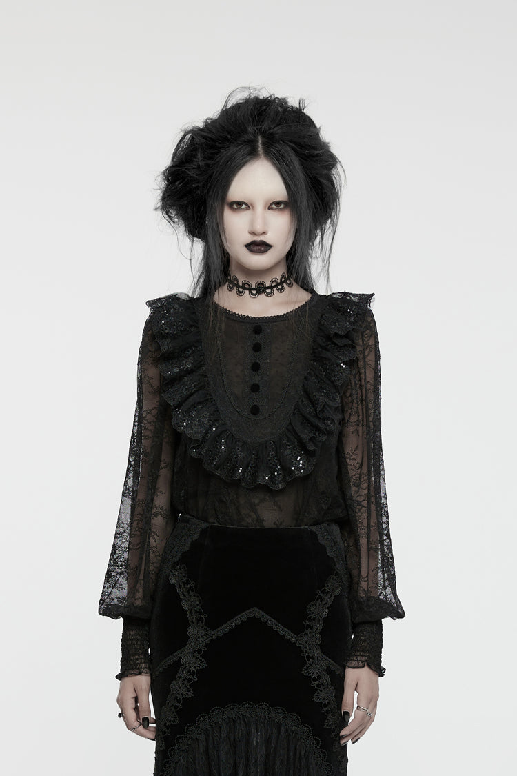 Noir Crewneck Lantern-Sleeve Ruffle Lace Gothic Blouse for Women