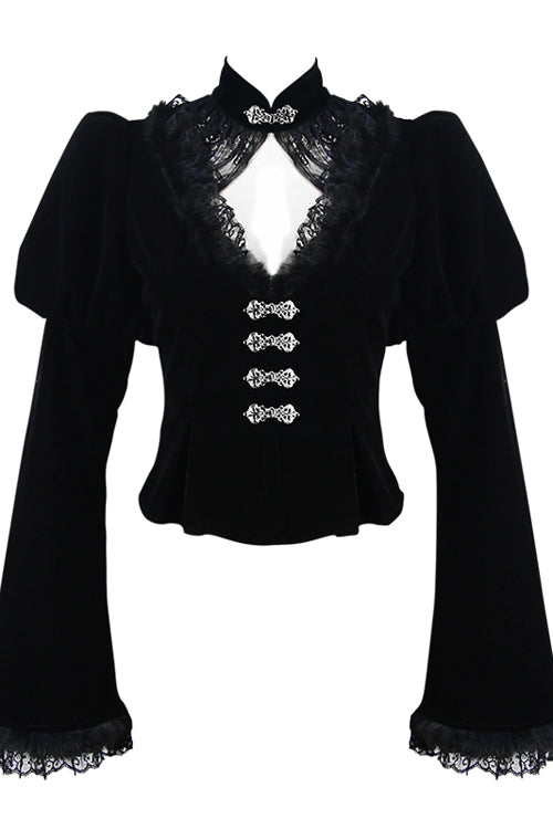 Small Stand Collar Flared Princess Sleeve Black Velveteen Short Womens Gothic Jacket