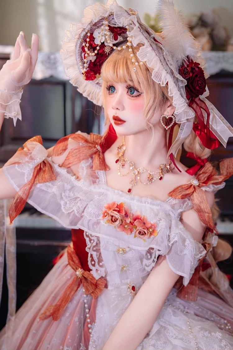 Glazed Phantom Off Shoulder Ruffle Hanayome Bow Lace Elegant Lolita Dress in Red