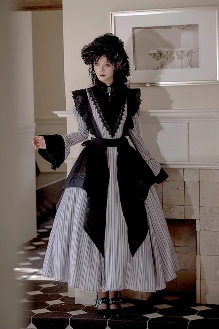 Grey Vertical-Stripe Bow Lace Gothic Gown