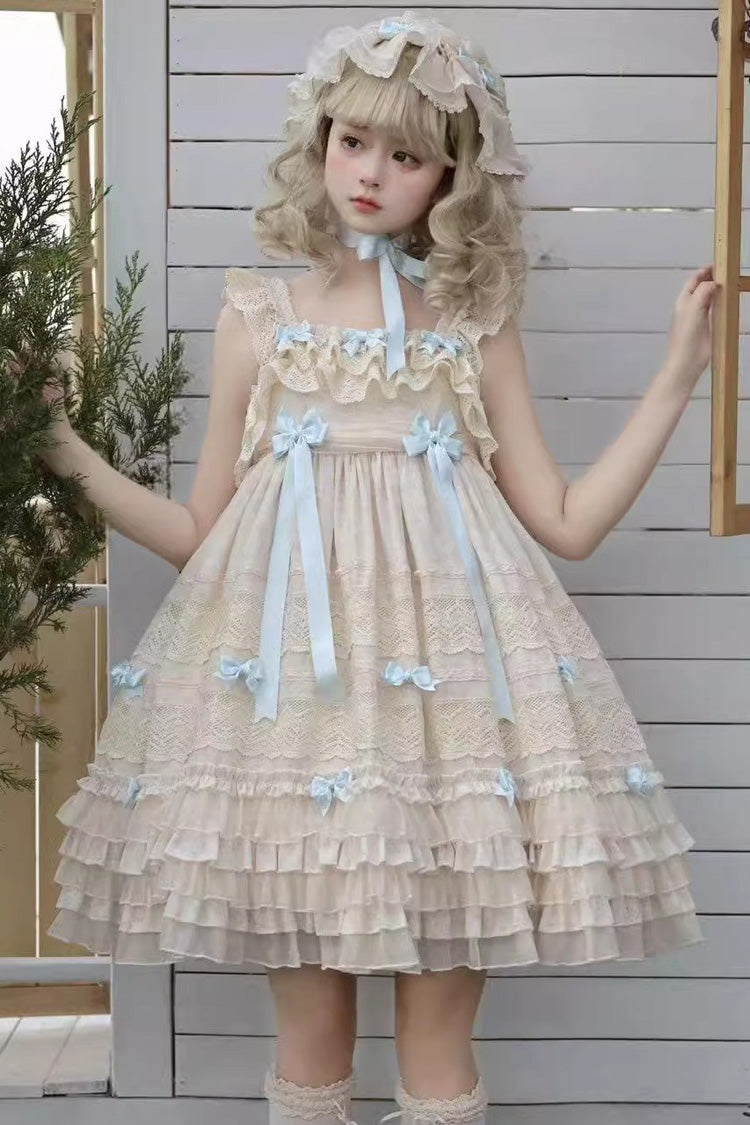 Beige Little Wind Chime Sleeveless Multi-Tiered Printed Ruffled Bow Lace Sweet Elegant Princess Lolita Jumper Dress