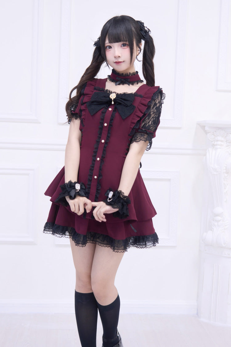 Crimson Waltz Ruffled Bow Gothic Jirai Dress Ensemble