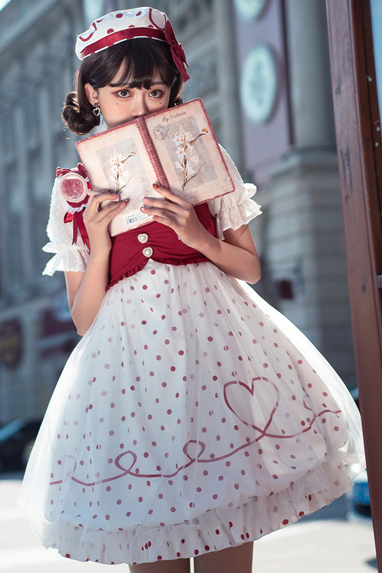 Scarlet Sweet Lolita Dress with Hollow Hearts and Polka Dots