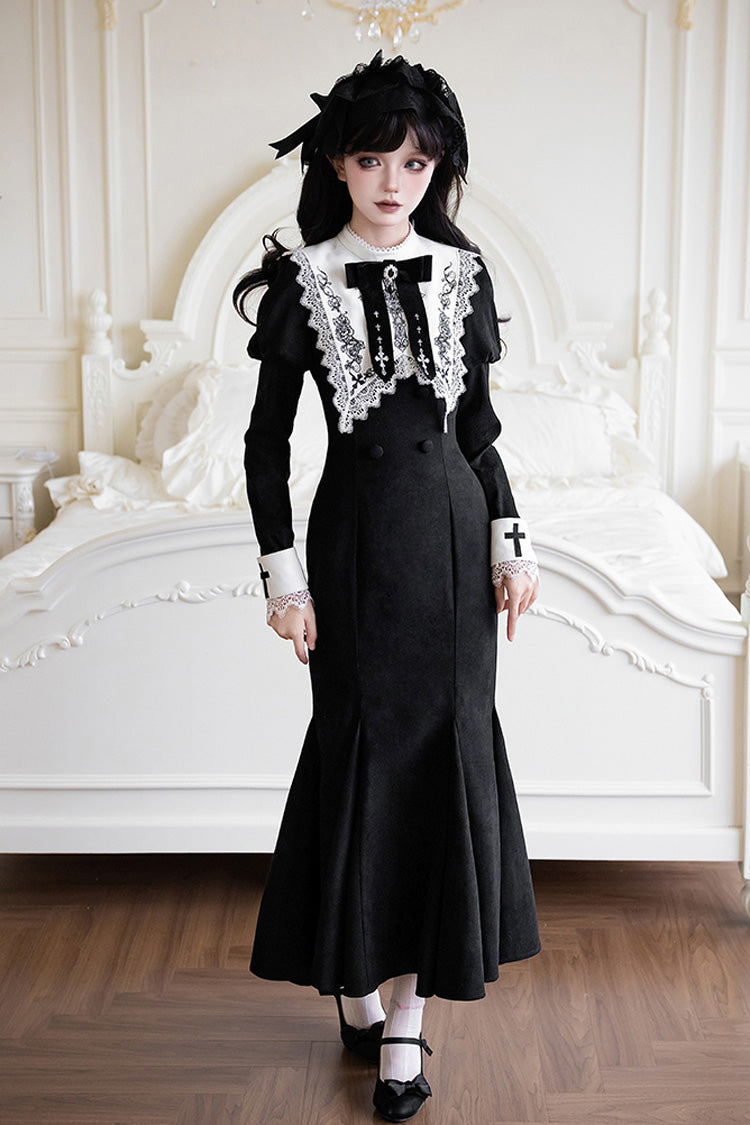 Rose Doll Square Collar Lace-Up Gothic Lolita Dress Set with Bow