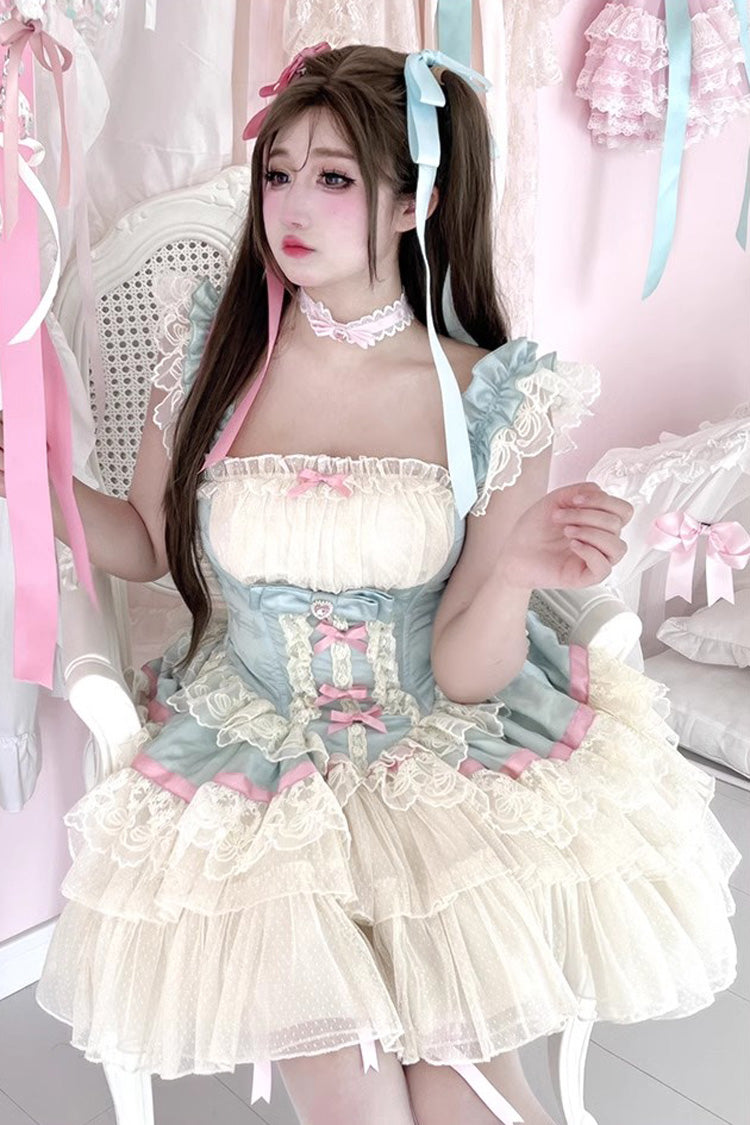 Cerulean and Ivory Triple Ruffled Bow Lace Ballet Sweet Lolita Dress - Girly Scent Edition