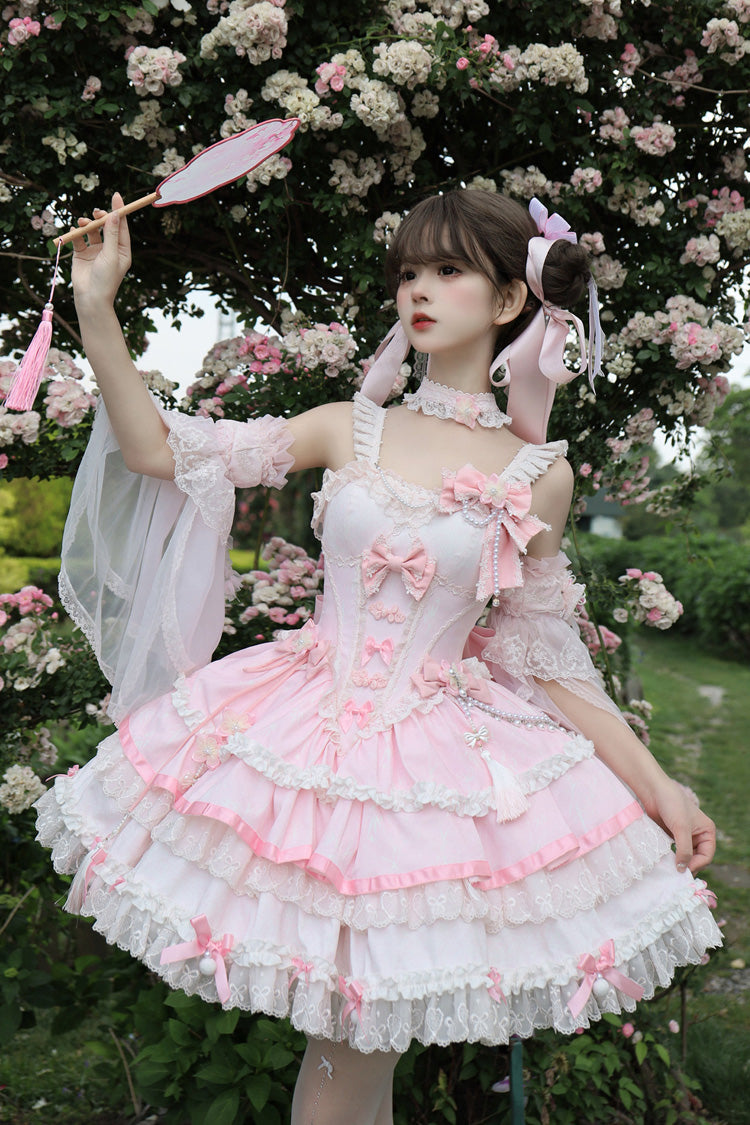 Pink Prelude of Spring Cherry Square Collar Sleeveless Jacquard Lace JSK