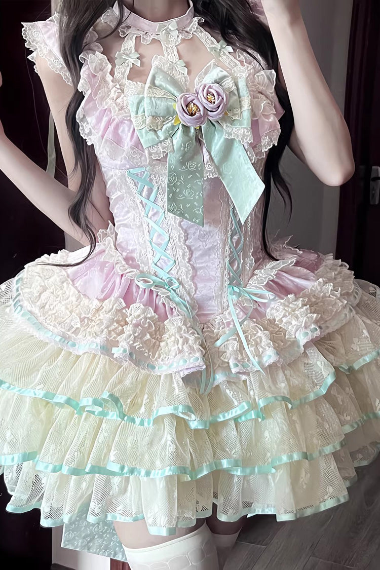 Flower Language of Eros Violet Halterneck Ruffle Bowknot Rose Lace-Up Ballet Lolita JSK - Flower Language of Eros