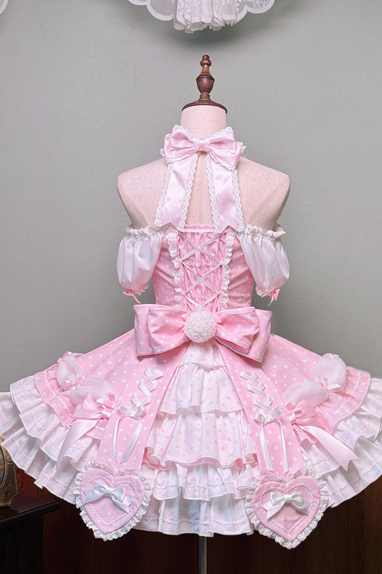 Pink Halter Polka Dot Bow Lace-Up Lolita Gown