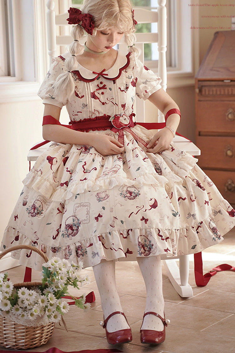 White Apple Tea Printed Country Style Sweet Lolita Dress - Short Sleeved Ruffled